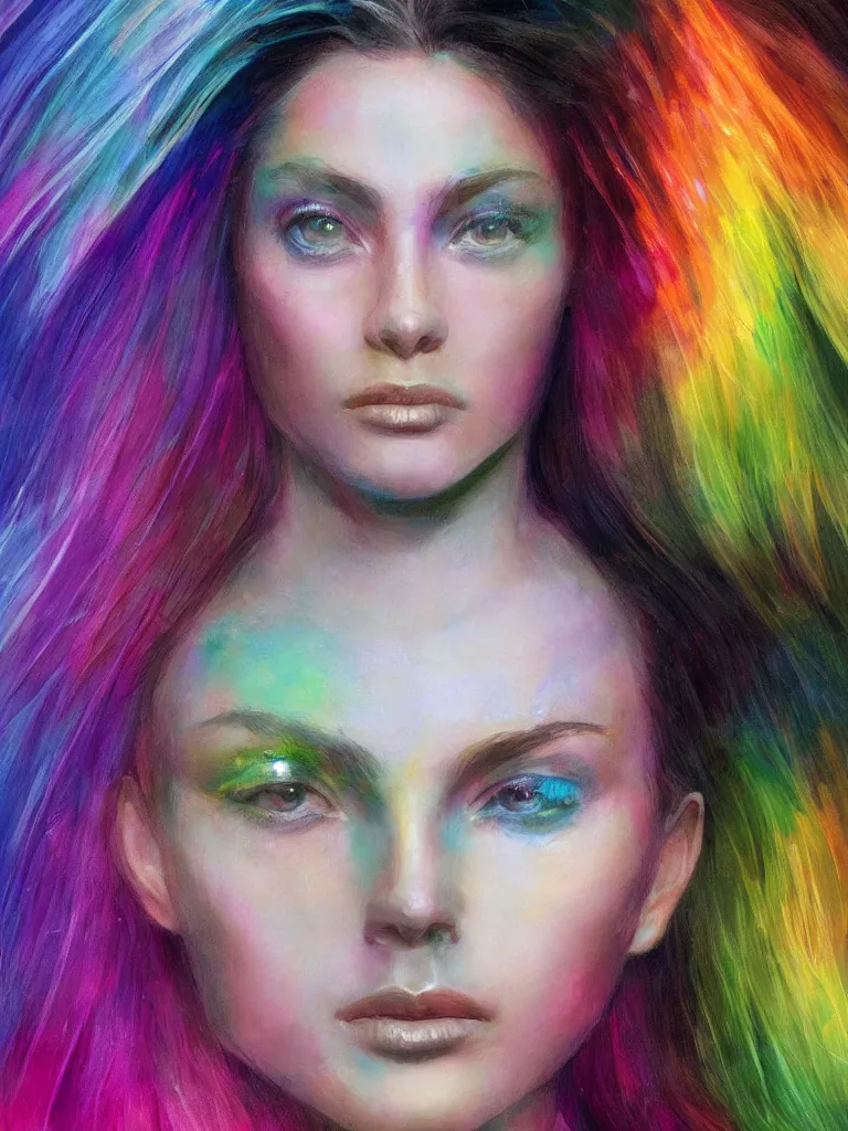 Image similar to close up portrait of beautiful rainbow woman by disney concept artists, blunt borders, rule of thirds