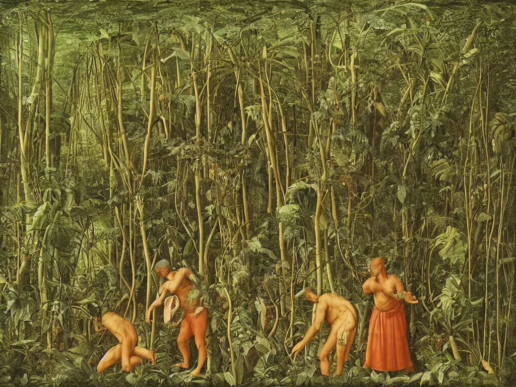 Image similar to Man lost in the Amazonian jungle among the carnivorous plants, panthers and giant leaves. Painting by Giotto