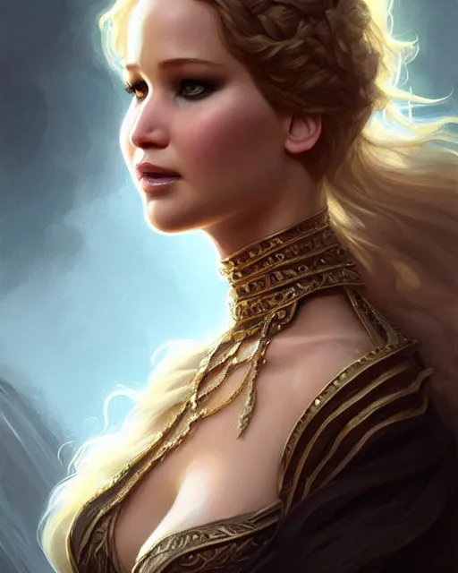 Image similar to Jennifer Lawrence, closeup, D&D, fantasy, intricate, elegant, highly detailed, digital painting, artstation, concept art, matte, sharp focus, illustration, hearthstone, art by Artgerm and Greg Rutkowski and Alphonse Mucha