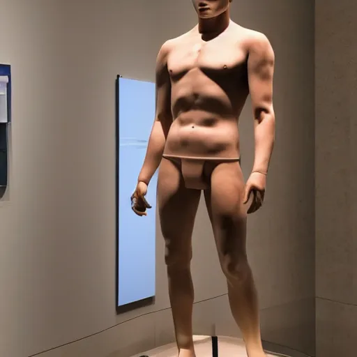 Image similar to a realistic detailed photo of a guy who is an attractive humanoid who is half robot and half humanoid, who is a male android, youtuber jake paul and logan paul, shiny skin, posing like a statue, blank stare, at the museum, on display