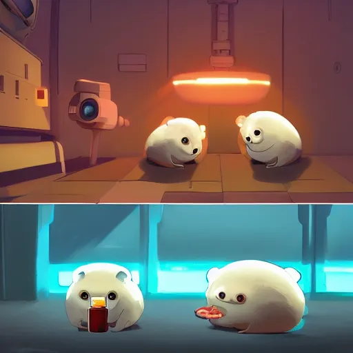 Prompt: baby harp seals being eaten by a robot hamsters on a techno cyborg alien world, atey ghailan, goro fujita, studio ghibli, scary lighting, clear focus, very coherent