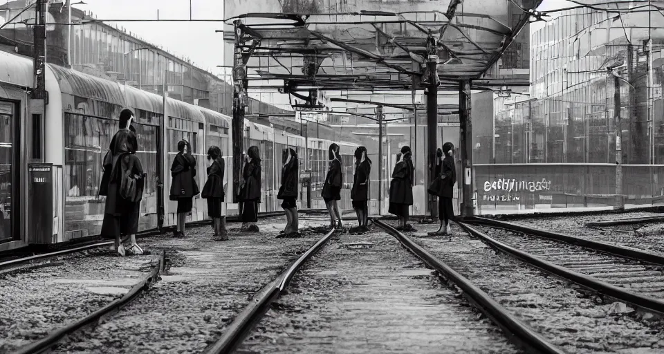 Prompt: School girls waiting on a urban train station, gloomy and misterious atmosphere