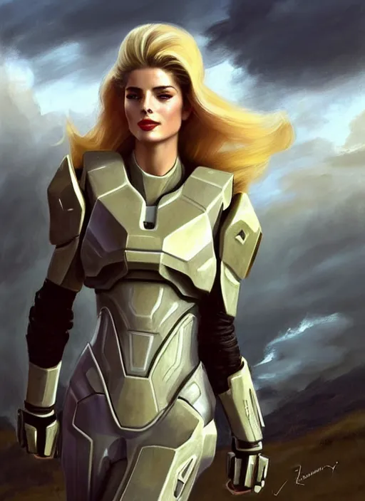 Image similar to A combination of Adriana Dxim's and Grace Kelly's and Ashley Greene's appearances with blonde hair wearing Forerunner armor from Halo, countryside, calm, fantasy character portrait, dynamic pose, above view, sunny day, thunder clouds in the sky, artwork by Jeremy Lipkin and Giuseppe Dangelico Pino and Michael Garmash and Rob Rey and Greg Manchess and Huang Guangjian, very coherent asymmetrical artwork, sharp edges, perfect face, simple form, 100mm