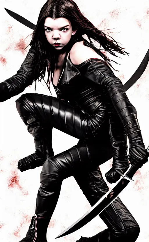 Prompt: anya taylor joy, ninja, assassin, crouching, black clothes, leather jacket, katana, knife, dawn mcteigue, mirka andolfo, comic book, zenescope