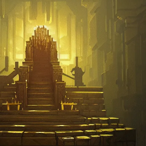 Prompt: painting of creeper from minecraft sitting atop golden throne in dark throne room, low lighting, cinematic, by greg rutkowski, very detailed, high quality, award winning