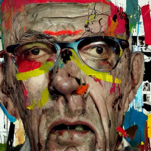 Image similar to hyperrealistic, photorealistic, mixed media oil painting of hunter s. thompson, magazine scraps, plaster, blood, oil, mustard, splatter, greg rutkowski, basquiat, ralph steadman, wesley kimler