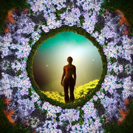 Prompt: A picture of a planet of various flowers, fungus and plants, in which the human figure is dressed in something magical and impressive, inside the picture is infinity, sunset light, Atmospheric phenomenon, artistic photography, muted colors, conceptual