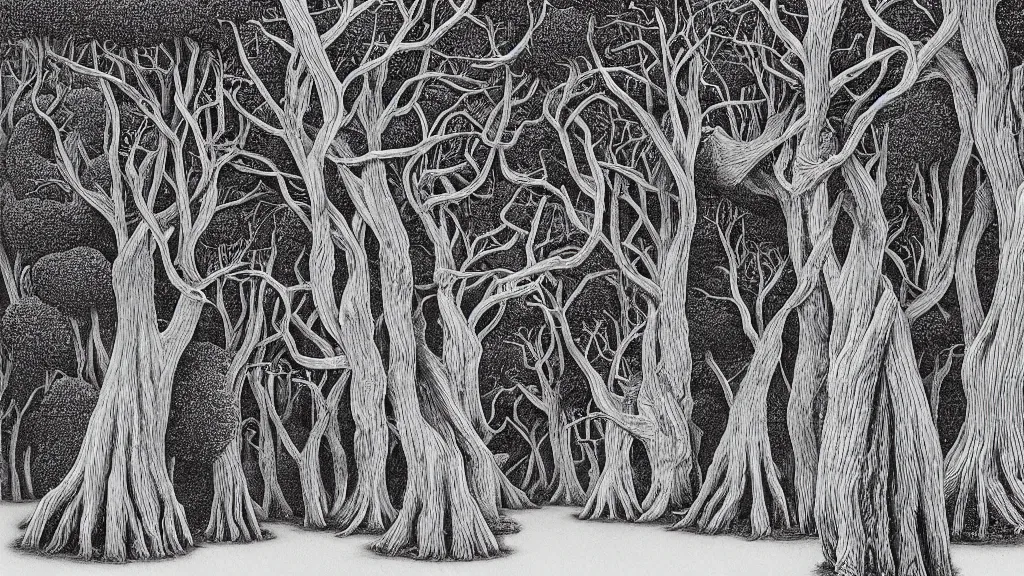 Image similar to a forest of trees that look like gnarled fingers, by chris van allsburg and m. c. escher, fine inking lines, surreal fantasy