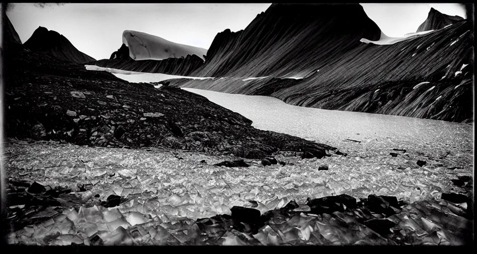 Prompt: a wet plate photograph, glaciers melting in Greenland