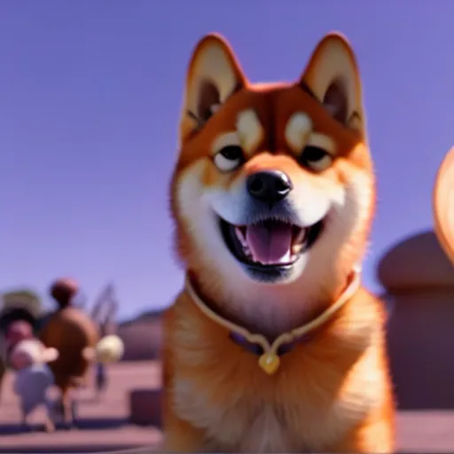 Image similar to weta disney pixar movie still photo of funny shiba inu with sign that says bonk : : by weta, greg rutkowski, wlop, ilya kuvshinov, rossdraws, artgerm, octane render, iridescent, bright morning, anime, liosh, mucha : :