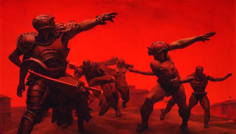 Image similar to only with red, an armored gladiator in a crowded roman amphitheatre, crowd cheering, in the style of beksinski and edward hopper and rodcenko and yue minjun and rolf armstrong, intricate and epic composition, red by caravaggio, highly detailed, masterpiece, red light, artstation