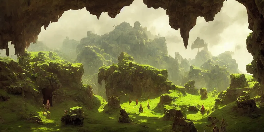 Image similar to towns, villages castles, buildings bytopia planescape huge cave ceiling clouds made of green earth inverted upsidedown mountain artstation illustration sharp focus sunlit vista painted by ruan jia raymond swanland lawrence alma tadema zdzislaw beksinski norman rockwell tom lovell alex malveda greg staples