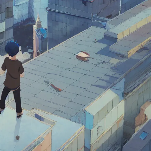 Prompt: teen boy, blue hair, standing on a ledge, highly detailed, artstation, by makoto shinkai and thomas kindle and James gilleard