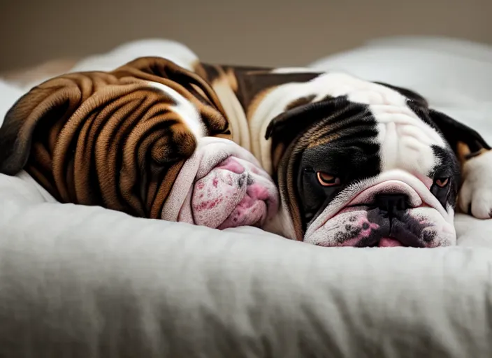 Prompt: a closeup, 4 5 mm, portrait of a sleeping english bulldog in a bed, on a pillow, low light, 4 5 mm, by franz lanting