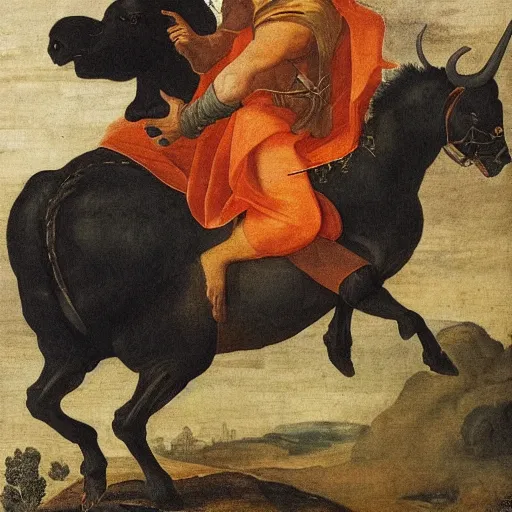 Prompt: photograph of a black man with afro hair wearing an army green cloak, riding!!! an orange colored bull!!!, renaissance style painting