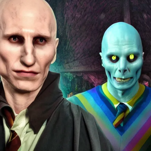 Image similar to ! dream harry potter with voldemort, pride flag in background, full picture