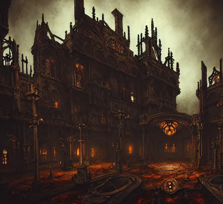 Image similar to steam necropolis, memento mori, gothic, neo - gothic, art nouveau, hyperdetailed copper patina medieval icon, stefan morrell, philippe druillet, ralph mcquarrie, concept art, steampunk, unreal engine, detailed intricate environment, octane render, moody atmospherics, volumetric lighting, ultrasharp, ominous, otherworldly