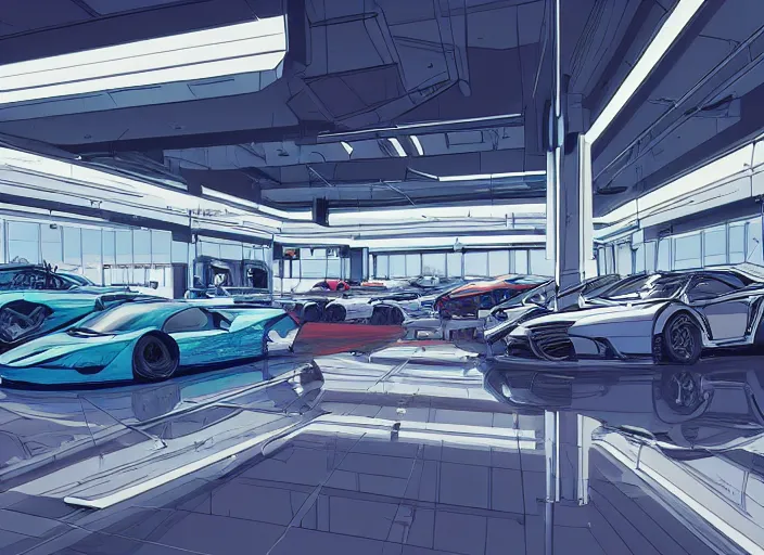 Prompt: large fancy showroom for cars but no people and no cars. sharp focus, cinematic pose, cinematic lighting, unreal engine render. art by josan gonzales and moebius and deathburger.