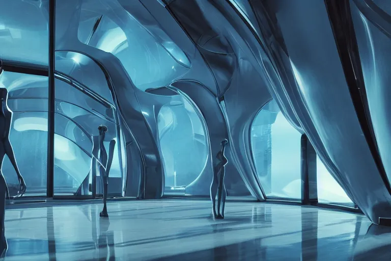 Image similar to vfx movie scene closeup portrait of beautiful blue skin skimpy alien woman dancing in sleek futuristic decadent spaceship pillars, futuristic ballroom. giant windows view of earth obit. by emmanuel lubezki