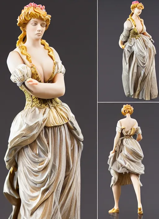 Prompt: 80mm, resin detailed model figure of a female wearing a baroque dress