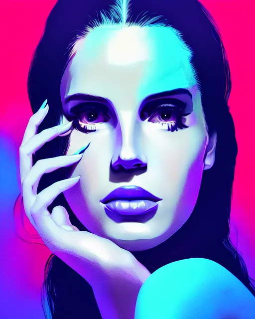 Image similar to portrait of lana del rey as a cyborg. realist abstract. key art. blue, pink, intricate artwork. by tooth wu, wlop, beeple, dan mumford. 8 k octane render, trending on artstation, greg rutkowski very coherent symmetrical artwork. cinematic, hyperrealism, very detailed, iridescent accents