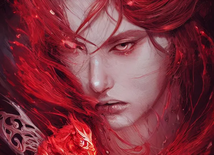 Prompt: woman loves demon, sit upon a scarlet coloured beast, pain, light effect, hyper detailed, intricate, elegant, highly detailed, digital painting, artstation, concept art, matte, sharp focus, illustration, by james jean, andrei riabovitchev, marc simonetti, yoshitaka amano
