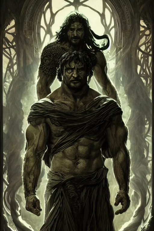 Prompt: portrait of gerard butler as a hulking herculean demon, forest, godlike, full body, fantasy, intricate, elegant, highly detailed, digital painting, artstation, concept art, sharp focus, illustration, art by artgerm and greg rutkowski and alphonse mucha