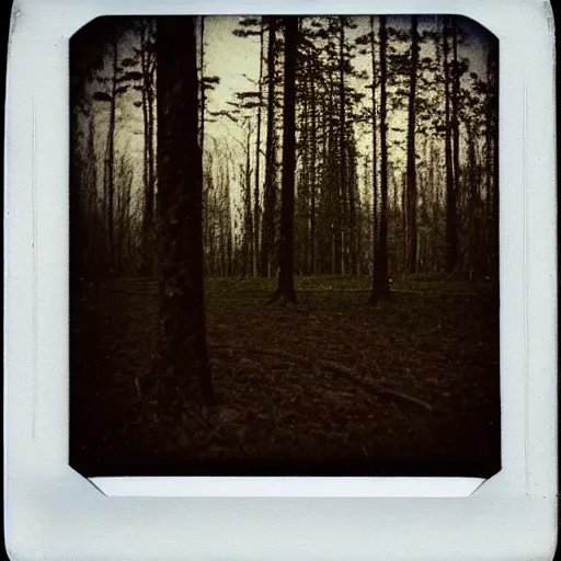 Image similar to aged blurry polaroid photograph of a forest at dusk