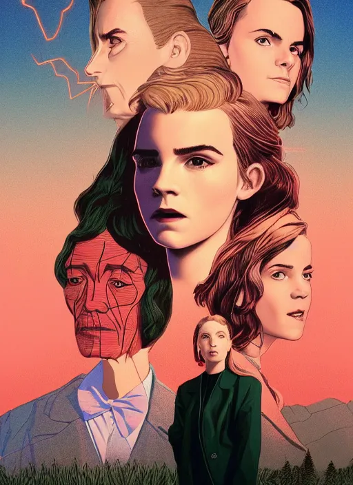 Image similar to Twin Peaks movie poster artwork by Michael Whelan and Tomer Hanuka, Rendering of Emma Watson & Kiernan Shipka meeting David Bowie the god spirit, from a scene from Twin Peaks, clean, full of detail, Matte painting, trending on artstation and unreal engine