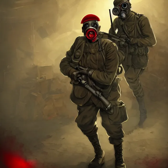 Prompt: portrait of a ww 1 german soldier with gas mask and rifle running towards us, scary, dark mood, epic blue lighting, red rim light, in the style of artgerm and charlie bowater and atey ghailan and mike mignola, vibrant colors and hard shadows and strong rim light, comic cover art, plain background, trending on artstation