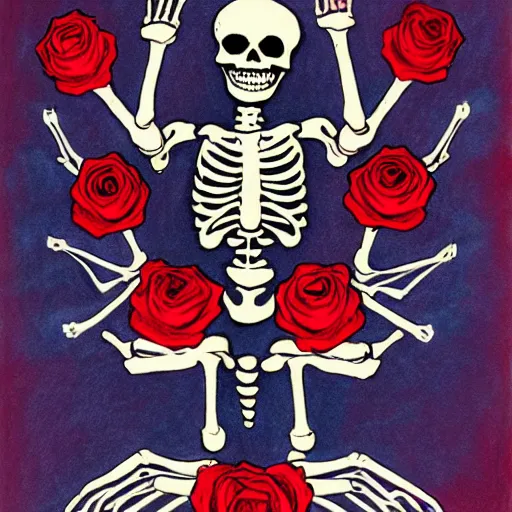 Prompt: skeleton with six arms meditating underneath a glowing rose, deep reds and blues, illustrated with pastels