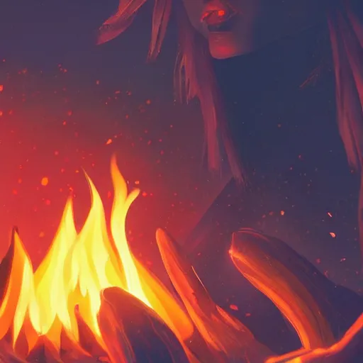 Prompt: full close up of campfire in the night with warm nuance, stylized, artgerm, artstation, hd, cgsociety, cgi, realistic, dramatic, cinematic, artistic, trending, detailed