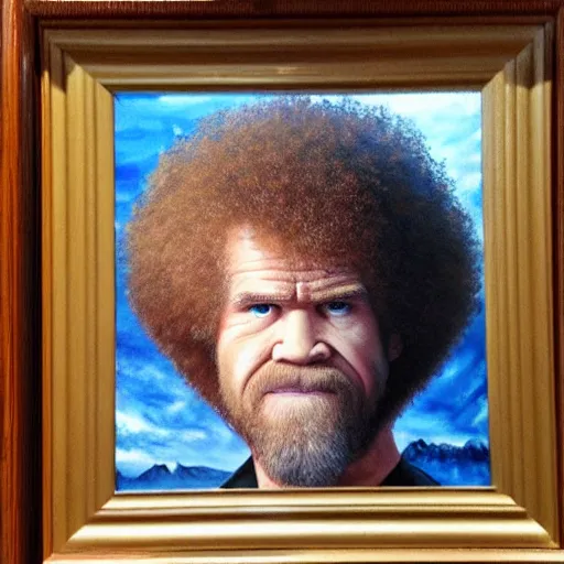Image similar to angry bob ross frowning and punching trough a painting, real photo, dslr photo, 4 k, intricate.