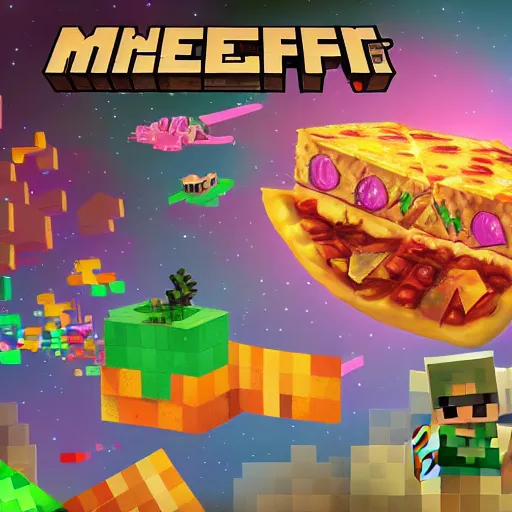 Image similar to highly detailed concept art in the minecraft universe of a happy little pink dolphin flying through space eating pizza and cheese, where the planets are candy, hd, trending on artstation