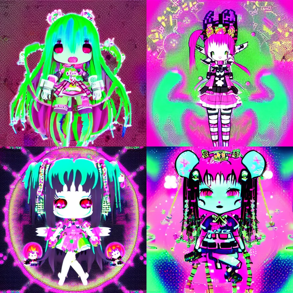 Prompt: cybergoth decora glitchcore yokai girl, sanrio ornaments, pastel cute cinematography | baroque bedazzled gothic royalty frames surrounding a pixelsort emo demonic horrorcore japanese yokai doll, low quality sharpened graphics, remastered chromatic aberration