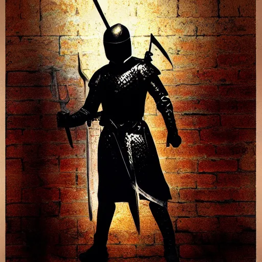 Image similar to a hero knight man stands with sword in hand and shield wielded, stencil, great lighting, epic, fantasy