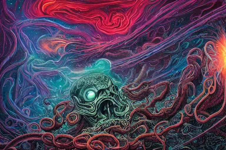 Image similar to a giant skull and flesh creature with deep and intricate rune carvings and twisting lovecraftian tentacles emerging from a space nebula by dan mumford, twirling smoke trail, a twisting vortex of dying galaxies, collapsing stars, digital art, photorealistic, vivid colors, highly detailed, intricate