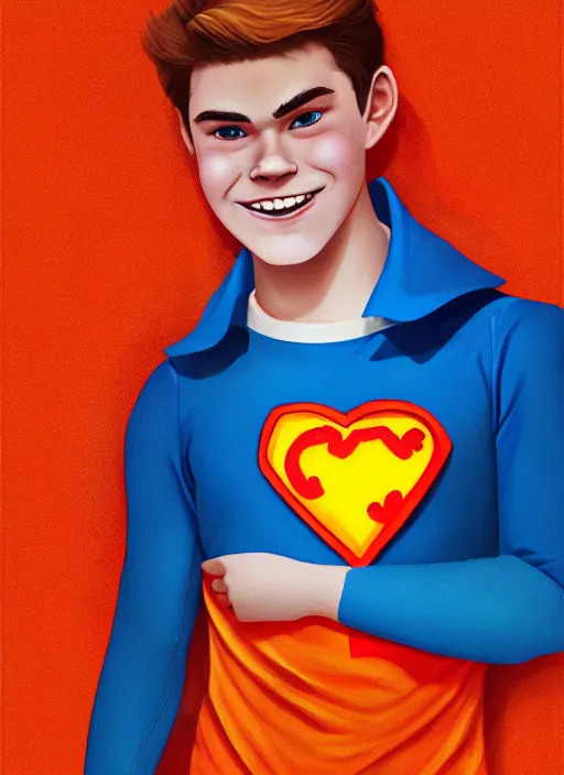 Image similar to friendly teenage archie andrews wearing an orange superhero costume with heart logo, heart, orange costume, blue cape, freckles, cape, heart emblem on chest, heart, blue cape, intricate, elegant, glowing lights, highly detailed, digital painting, artstation, sharp focus, illustration, art by wlop, mars ravelo and greg rutkowski