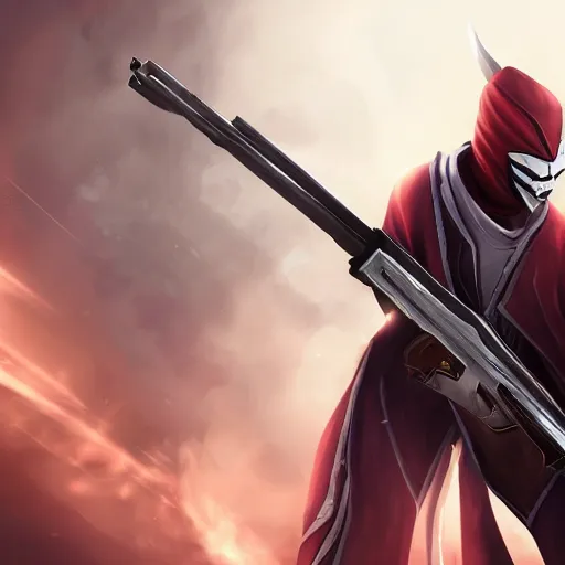 Image similar to jhin from league of legends with his rifle, cinematic shot, 4k detailed, digital art