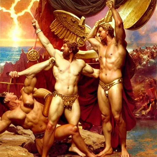 Image similar to ares and hercules dab in front of zeus the ruler of olympus, heavenly marble, ambrosia served on golden platters, painting by gaston bussiere, craig mullins, j. c. leyendecker, tom of finland