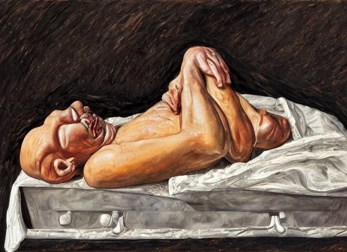 Image similar to Real life Homer Simpson, deceased in a casket, painted by Lucian Freud, highly detailed, 8k