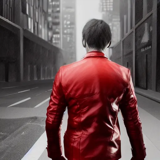 Image similar to isometric!!! view of a man with a red jacket from his behind. walking towards a red futuristic motorbike on a wide road. pencil drawing, photo realistic, hyper realistic, dramatic lighting, cyberpunk, ultra detailed, sharp focus, wide angle, digital illustration, trending on artstation