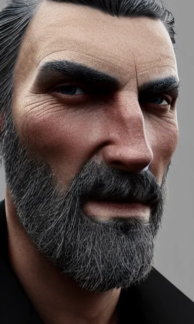 Prompt: face closeup covered with 4 0 year old man, serious medium smile, medium sized eyebrows, gren grey eyes, pale skin, dark grey and silver ned kelly beard, shoulder long grey hair, symmetric face, 3 d render, hyper - realistic detailed portrait, ruan jia, wlop