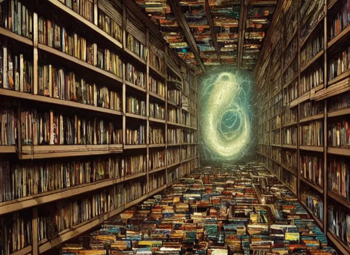 Prompt: a room containing shelves of vhs tapes, cosmic horror painting, elegant intricate digital painting artstation concept art by mark brooks and brad kunkle detailed