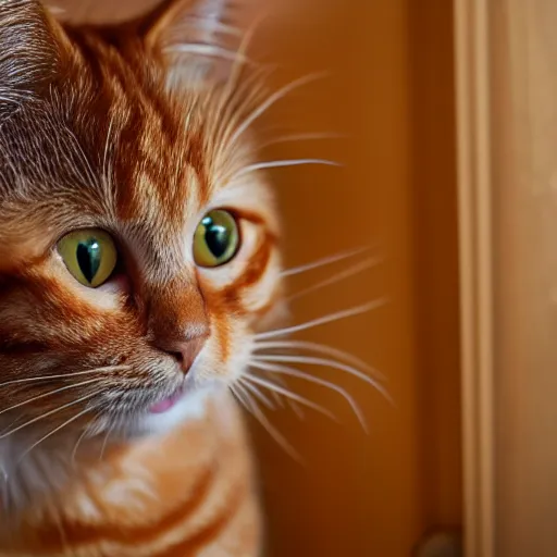 Prompt: photo of ginger cat scratching a wooden door