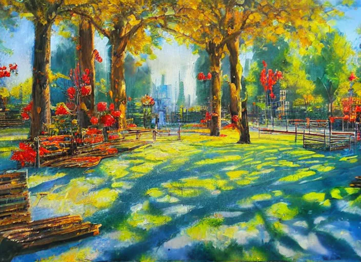 Prompt: bright beautiful oil painting of a futuristic city park by Tatyana Yablonskaya