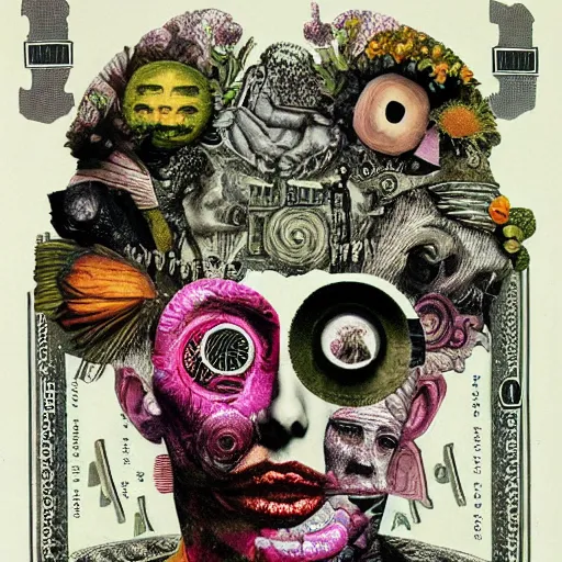 Prompt: post - punk new age album cover, asymmetrical design, dollar bank notes, capitalism, magic, apocalypse, psychedelic, black white pink, highly detailed, magic, giger h. r., giuseppe arcimboldo