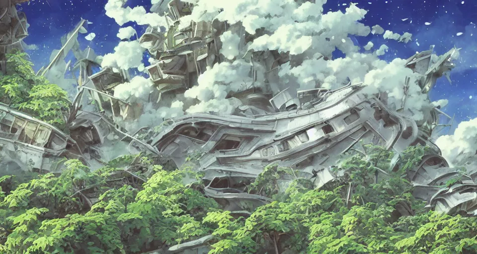 Image similar to close - up broken collided flying ship taken by ferns and vines, highly detailed, sharp focus, matte painting, by studio ghibli, by giovani magana,