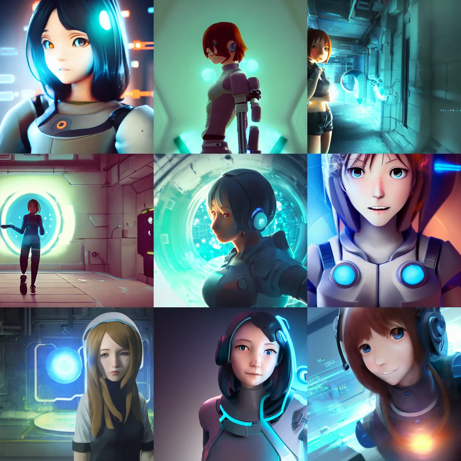 Prompt: portal game valve, anime!!! cyborg photo - realistic woman!!!! soft running, ( shy smiling face ), nice anime! ( green - blue eyes!!! ), rembrandt, octane render, artstation, 5 0 mm, depth of field