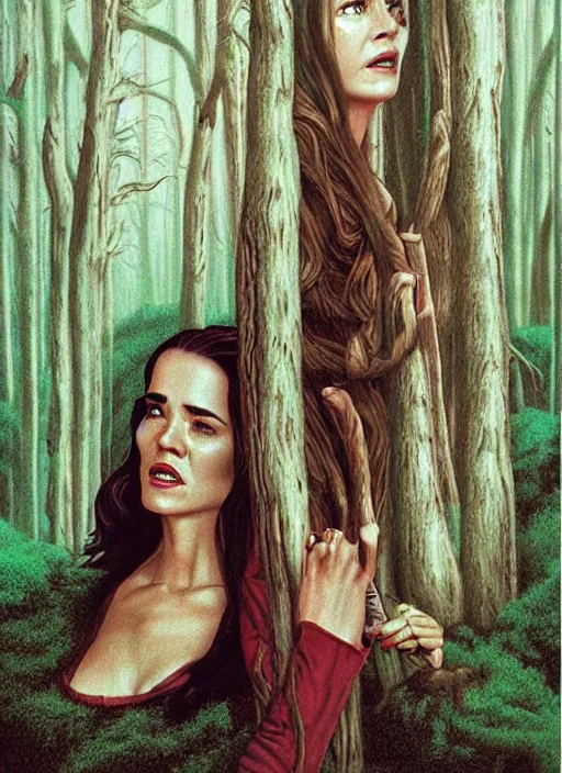 Prompt: twin peaks poster art, from scene from twin peaks, by michael whelan, artgerm, retro, nostalgic, old fashioned, portrait of jennifer connelly in woods looking for her friends